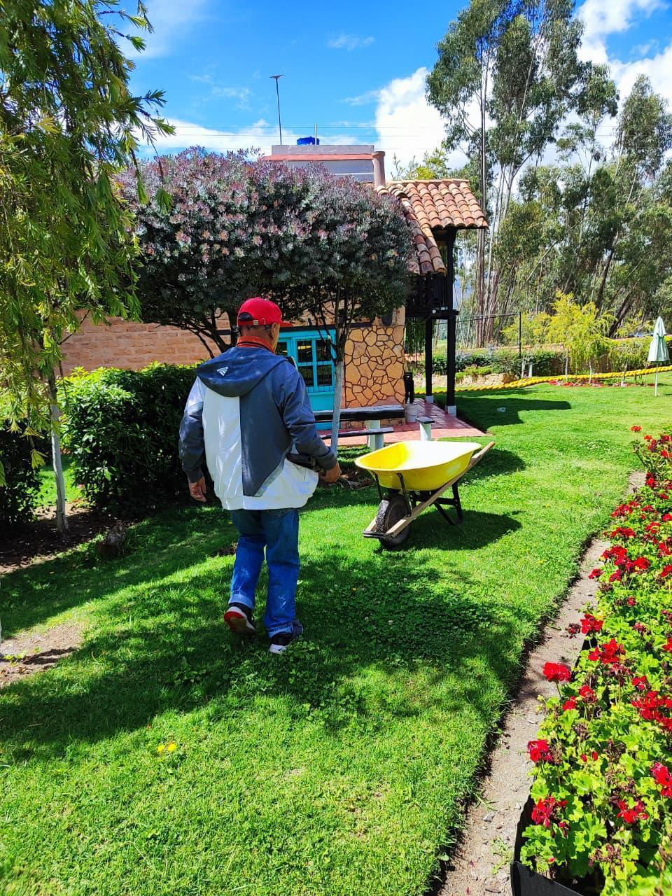 Jardín con flores rojas y senderos